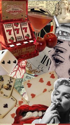 a collage of photos with various items including cards, dices and other things