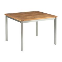 a wooden table with metal legs on a white background