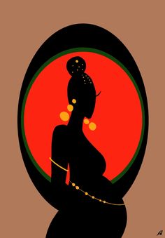 the silhouette of a woman with an orange circle around her neck and gold beads on her hair