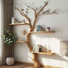 there is a book shelf with books on it and a tree in the corner,