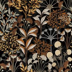 a black and brown floral wallpaper with lots of flowers