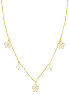 Floral charms and pearls are strung along a whimsical necklace plated in gleaming 18-karat gold. It's strongly recommended that infants and small children be attended by an adult while wearing jewelry; jewelry should be removed when the infant or small child is left unattended, as it may present a choking hazard 14" length; 2" extender; 1/4"W x 1/2"L charms Lobster clasp closure Pearl size: 5–5.5mm 18k-gold plate/enamel/cultured pearl Imported Kids' Wear Item ships in a gift box Gold Dangle Charm Necklace With Pearl Drop, Adjustable Gold Pearl Charm Necklace, Adjustable Gold Pearl Charm Necklaces, Adjustable Gold Charm Necklace With Pearl Chain, Gold Charm Necklace With Pearl Chain And Adjustable Fit, Gold Flower Pendant Jewelry With Pearl Charm, Gold Pearl Flower Necklace For Gift, Gold Necklaces With Pearl Charm For Mother's Day, Delicate White Gold Plated Charm Necklaces