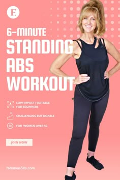 a woman in black top and leggings with the text 6 minute standing abs workout