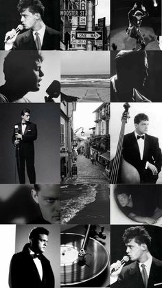 black and white photo collage with man in tuxedo holding a microphone, playing the bass