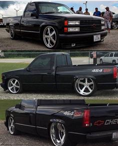 two pictures of the same black truck with chrome wheels and rims, one is parked in