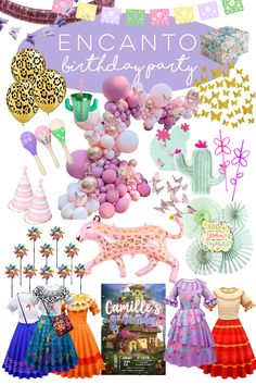 a collage of birthday party items including balloons, hats, and other things to wear