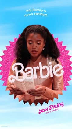 a woman reading a book in front of a blue sky with the words barbie on it