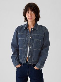 Cropped Denim Jacket Fall Jacket Outfit, Fall Jackets Outfit, Denim Utility Jacket, Denim Cropped Jacket, Soft Summer Palette, College Clothes, Gap Style, Water Saving, Jacket Outfit