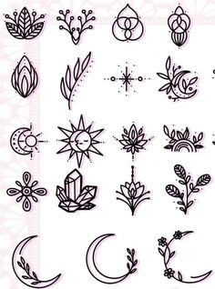 a bunch of different types of tattoos on a white background with flowers and moon symbols