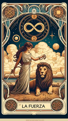 a tarot card with an image of a woman and a lion