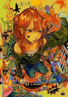 a drawing of a girl with red hair and green shirt on, surrounded by graffiti