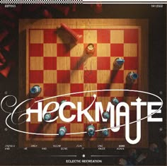 an advertisement for a chess game with the words'checkmate'in white lettering