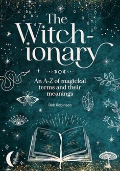 the witch - ionary book cover with an open book and stars in the background