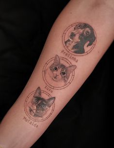 three cats and a dog are depicted on the arm, which is decorated with stamps