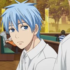 an anime character with blue hair and white shirt looking at the camera while another person stands behind him