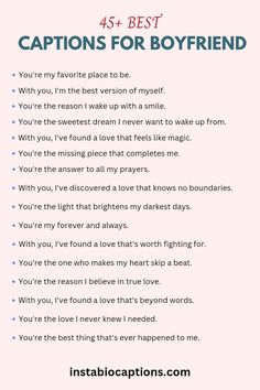 Discover heartfelt captions for your boyfriend! Express your love and appreciation with these romantic and sweet caption ideas for Instagram and social media. Find the perfect words to capture your relationship in a meaningful way. Quotes Aesthetic Boyfriend, Private Boyfriend Caption, Short Msg For Boyfriend Love Quotes, Sweet Caption For Boyfriend, Best Caption For Boyfriend, Rose Day Caption For Boyfriend, Sarcastic Captions For Boyfriend, Appreciation Captions For Instagram, Love One Liners For Him