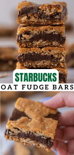 chocolate and oat fudge bars stacked on top of each other with text overlay