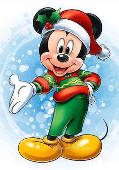 mickey mouse wearing a santa claus hat and green pants with his arms out in the air