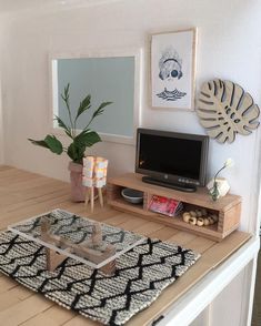 a living room with a coffee table, television and plants on the wall above it