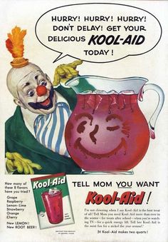 an old advertisement for kool - aid with a clown holding a jug and smiling