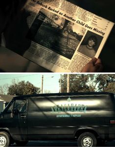 two photos side by side, one showing the front and back of a van with an advertisement on it