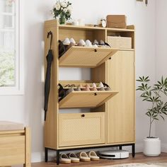 a wooden shoe rack with shoes and umbrellas on it next to a plant in a room