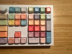 a computer keyboard sitting on top of a wooden table