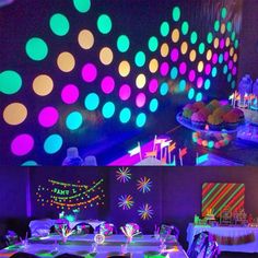 a party with bright lights and colorful decorations