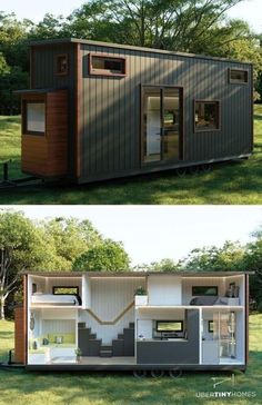 two pictures showing the inside and outside of a tiny house