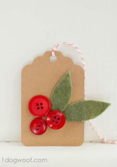 a tag with two red buttons and a green leaf on it sitting on a shelf