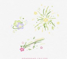 a watercolor drawing of fireworks and flowers on a white background with the words bonrong tattoo written below it