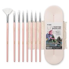 the brush set includes six brushes, and five different sized brushes in pink plastic case