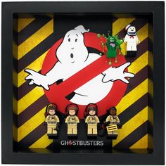 ghostbusters are standing in front of a black and yellow striped background with lego figures