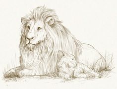 a drawing of a lion laying next to a small animal on the ground with its mouth open