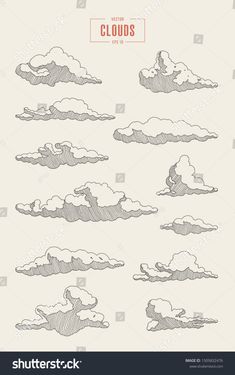 hand drawn clouds in the sky with different shapes and sizes, set of nine illustrations