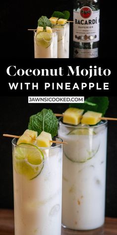 coconut mojito with pineapple and mint garnish in two tall glasses