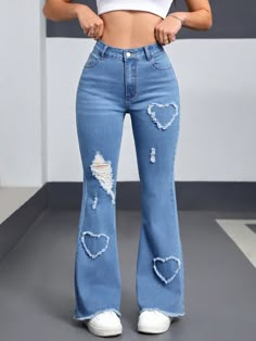 Women's Front Button Pockets Distressed Hem Jeans, Casual Everyday Wear Y2K Love Ripped Fashionable Casual Denim Stretch Bell Pants Medium Wash Casual   Denim Plain Flare Leg Medium Stretch  Women Clothing, size features are:Bust: ,Length: ,Sleeve Length: Cute Pants Aesthetic, Cute Flared Jeans, Cute Flare Jeans, Heart Jeans, Shredded Jeans, Pants Ripped, Cute Ripped Jeans, Thrift Store Fashion, Womens Ripped Jeans