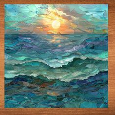 an abstract painting with waves and the sun in the sky above it on a wooden surface