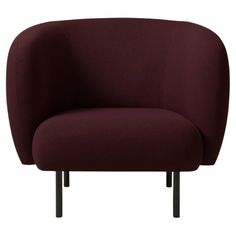 a maroon chair with black legs and arms