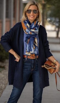 Navy Blue Handbag Outfit, Navy And Leopard Outfit, Electric Blue Sweater Outfit, Same Color Outfit, Navy Blue Cardigan Outfit, Navy Outfits For Women, Navy Blue Jacket Outfit, Blue Winter Outfit, Blue Sweater Outfit