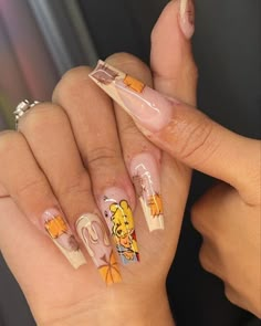 Cute Turkey Nails, Fall Cartoon Nails, Fall Character Nails, Winnie The Pooh Halloween Nails, Winnie The Pooh Nail Designs, Thanksgiving Nail Designs Acrylic, Nails Cartoon Design, Winnie Pooh Nails, Winnie The Pooh Nails Acrylic