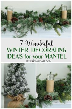 a christmas mantle decorated with pine cones, candles and evergreen branches for winter decorating