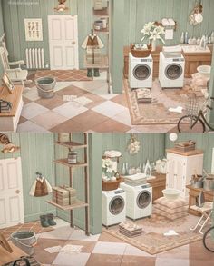 this is an image of a kitchen and laundry room in a dollhouse with clothes on the floor