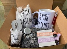 an open box containing coffee mugs, keys and other personal care items with the words after patient's written on them