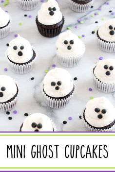 A flatylay of Mini Ghost Cupcakes. Summer Jello Shots, Halloween Food Cupcakes, Mini Ghost, Ghost Cupcakes, Snowman Cupcakes, Spritz Cookies, Halloween Desserts, Halloween Cupcakes, Desserts Recipes