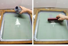 two pictures showing how to paint a glass tray with white christmas trees on the bottom