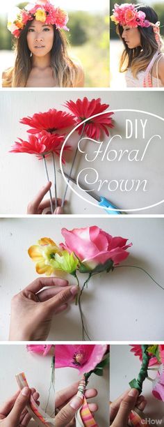 the process to make flower crowns is shown in four different pictures, including one with flowers on