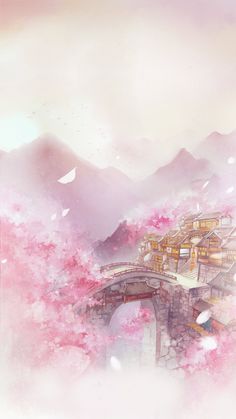 an artistic painting of a bridge in the middle of pink clouds with mountains in the background