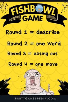 a poster with the words fishbowl game written in black and yellow on it