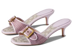 COACH Margot Raffia Sandal - Women's Shoes : Purple : Please Note: COACH items cannot be shipped to military addresses (APO or FPO) and addresses in Hawaii, the Virgin Islands, Guam or any other locations outside of the continental US. Look absolutely stunning wearing the COACH Margot Raffia Sandal. Raffia and leather upper. Leather lining. Signature jacquard footbed. Slip-on style closure and polished buckle with a sculpted kitten heel. Leather outsole. Made in Brazil. Measurements: Heel Height Coach Margot Sandal, Pink Kitten Heels, Coach Heels, Hak Tinggi, Buckle Heels, Pretty Heels, Raffia Sandals, Canvas Sandals, Slip On Heels